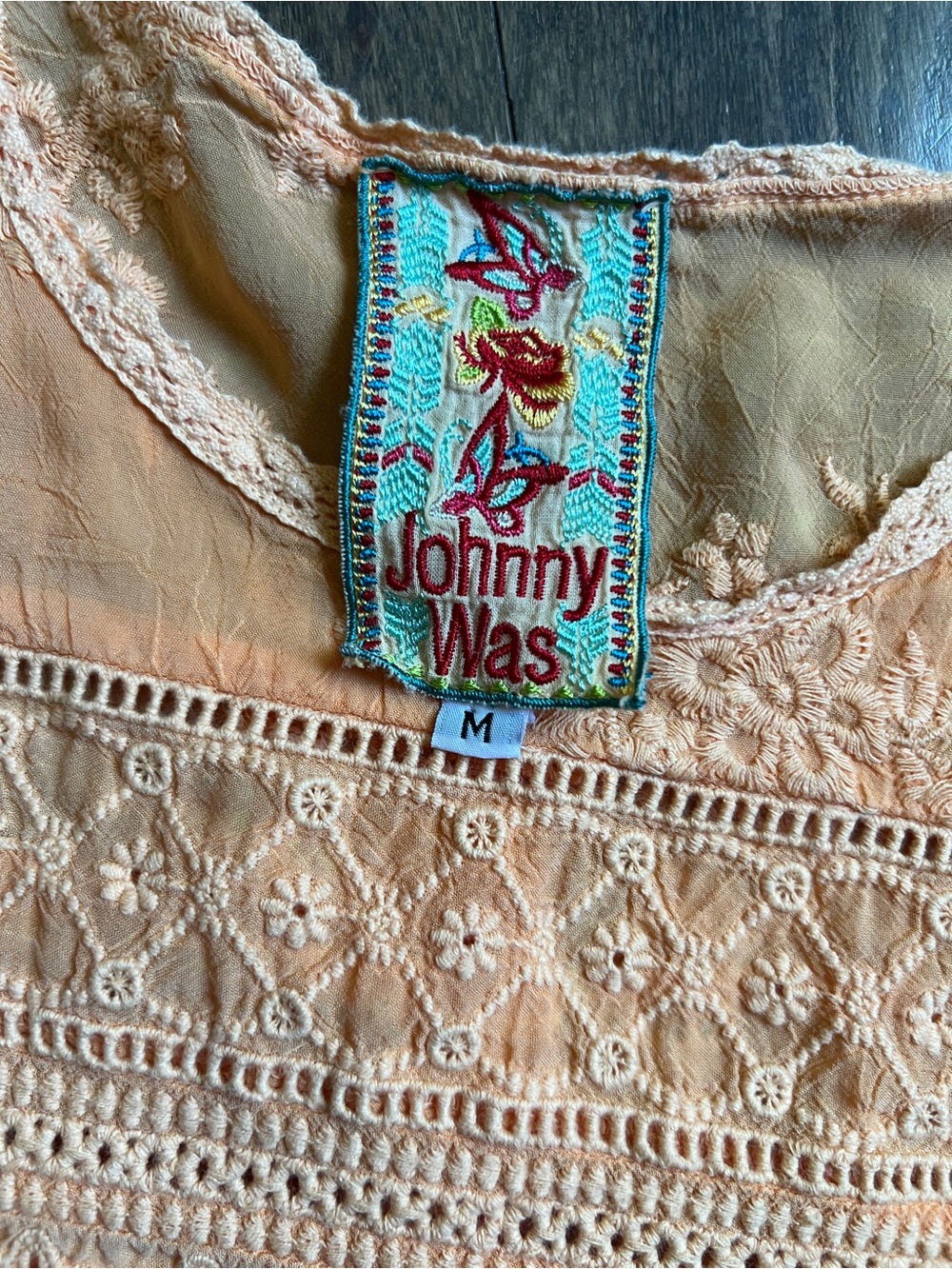 Johnny Was Peach Embroidered Lace-Trim blouse size medium